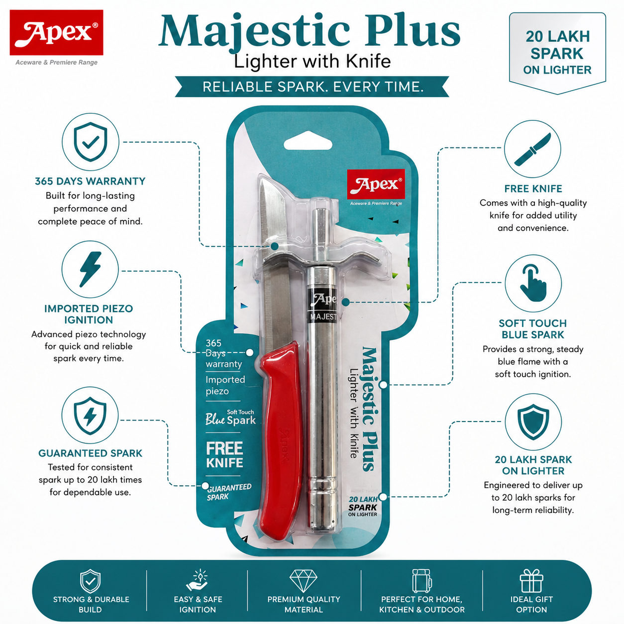 Apex Majestic Plus Lighter with Free Knife | 365 Days Warranty | Blue Spark