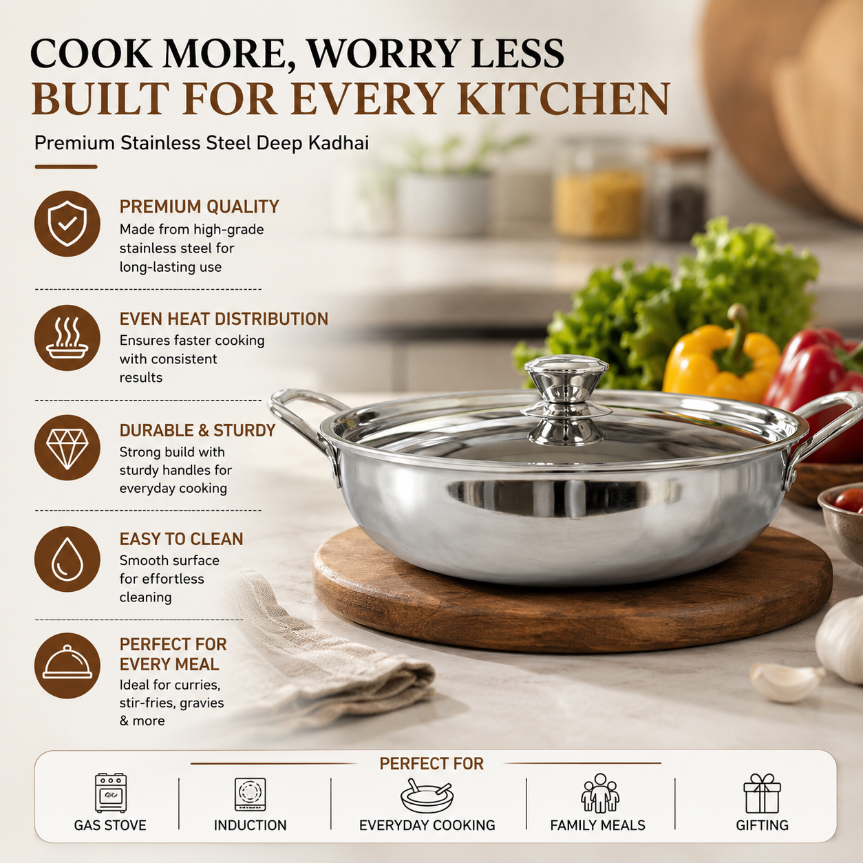 Born Chef Stainless Steel Kadai – Benefits Infographic – Cook More Worry Less