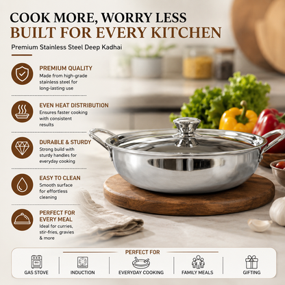 Born Chef Stainless Steel Kadai – Benefits Infographic – Cook More Worry Less