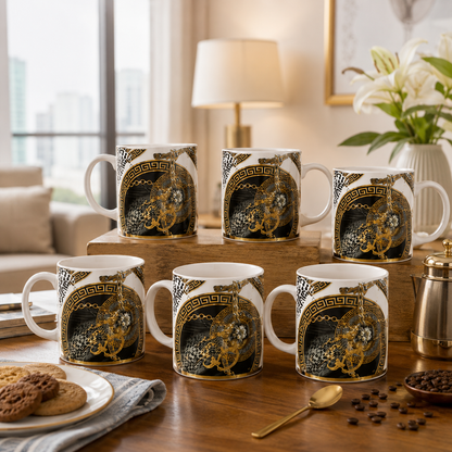 BORN Chef Premium Luxury Tea Mug Set of 6 | Gold Black Greek Key Design | Gift Box