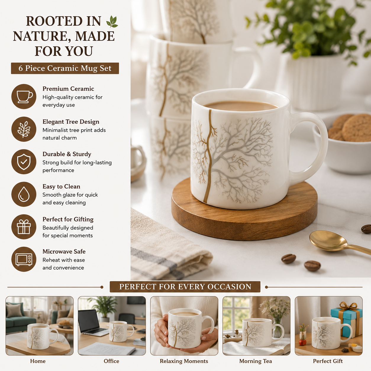 BORN Chef Premium White Ceramic Tea Mug Set of 6 | Gold Tree Branch Design | Gift Box