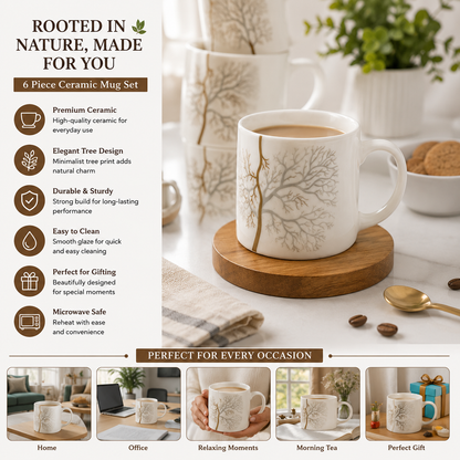 BORN Chef Premium White Ceramic Tea Mug Set of 6 | Gold Tree Branch Design | Gift Box