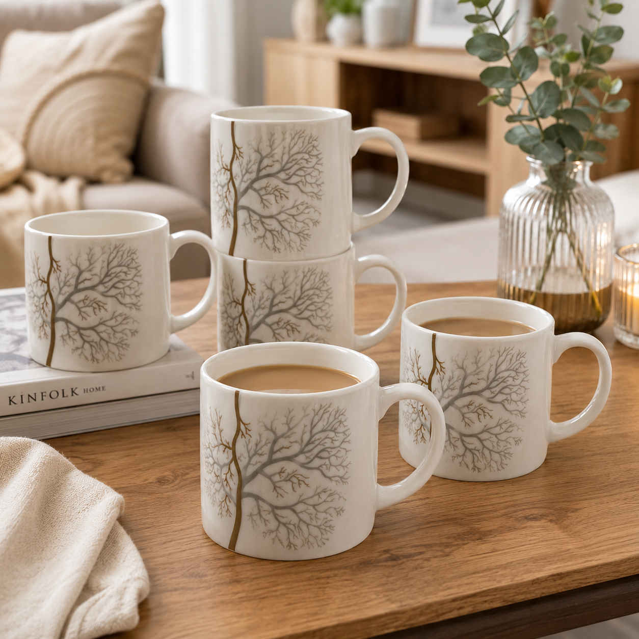 BORN Chef Premium White Ceramic Tea Mug Set of 6 | Gold Tree Branch Design | Gift Box
