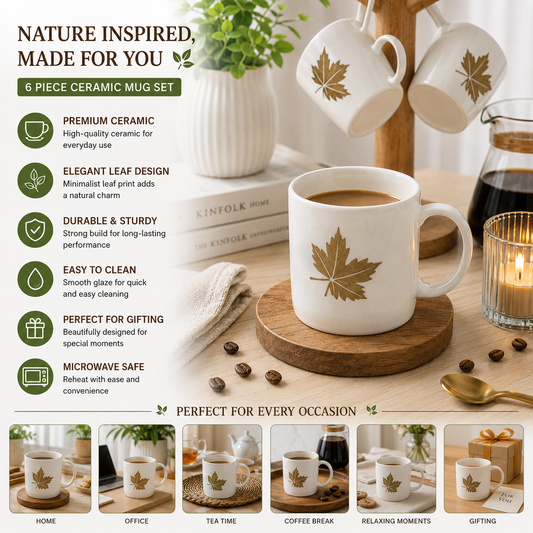 BORN Chef Premium Gold Maple Leaf Ceramic Mug Set of 6 | Tall Design | Gift Box