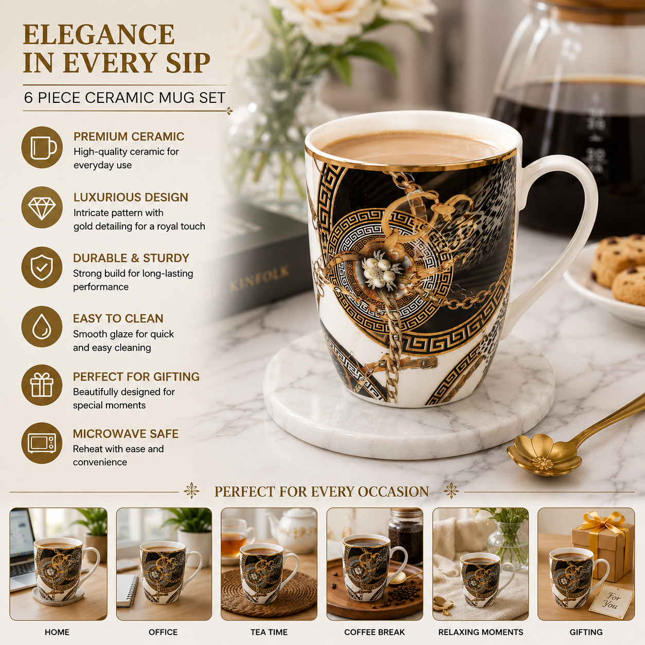 BORN Chef Premium Versace Style Black Gold Ceramic Mug Set of 6 | Greek Key Chain Design | Gift Box