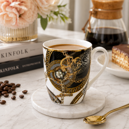 BORN Chef Premium Versace Style Black Gold Ceramic Mug Set of 6 | Greek Key Chain Design | Gift Box