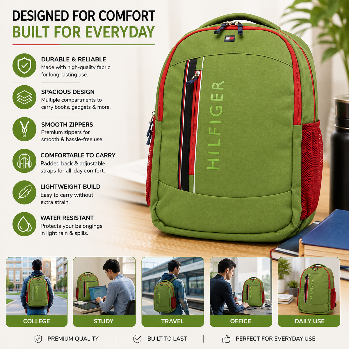 Tommy Hilfiger Backpack | Green & Red | School College Travel Bag