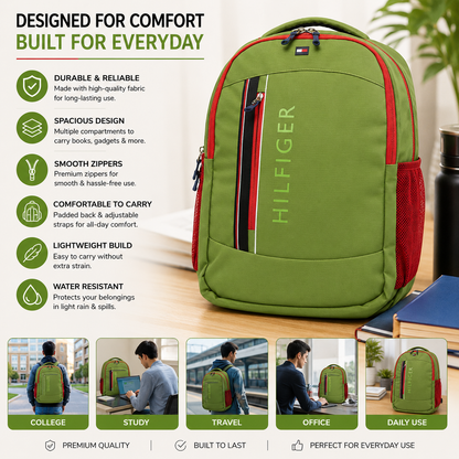 Tommy Hilfiger Backpack | Green & Red | School College Travel Bag