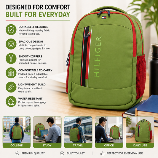 Tommy Hilfiger Backpack | Green & Red | School College Travel Bag