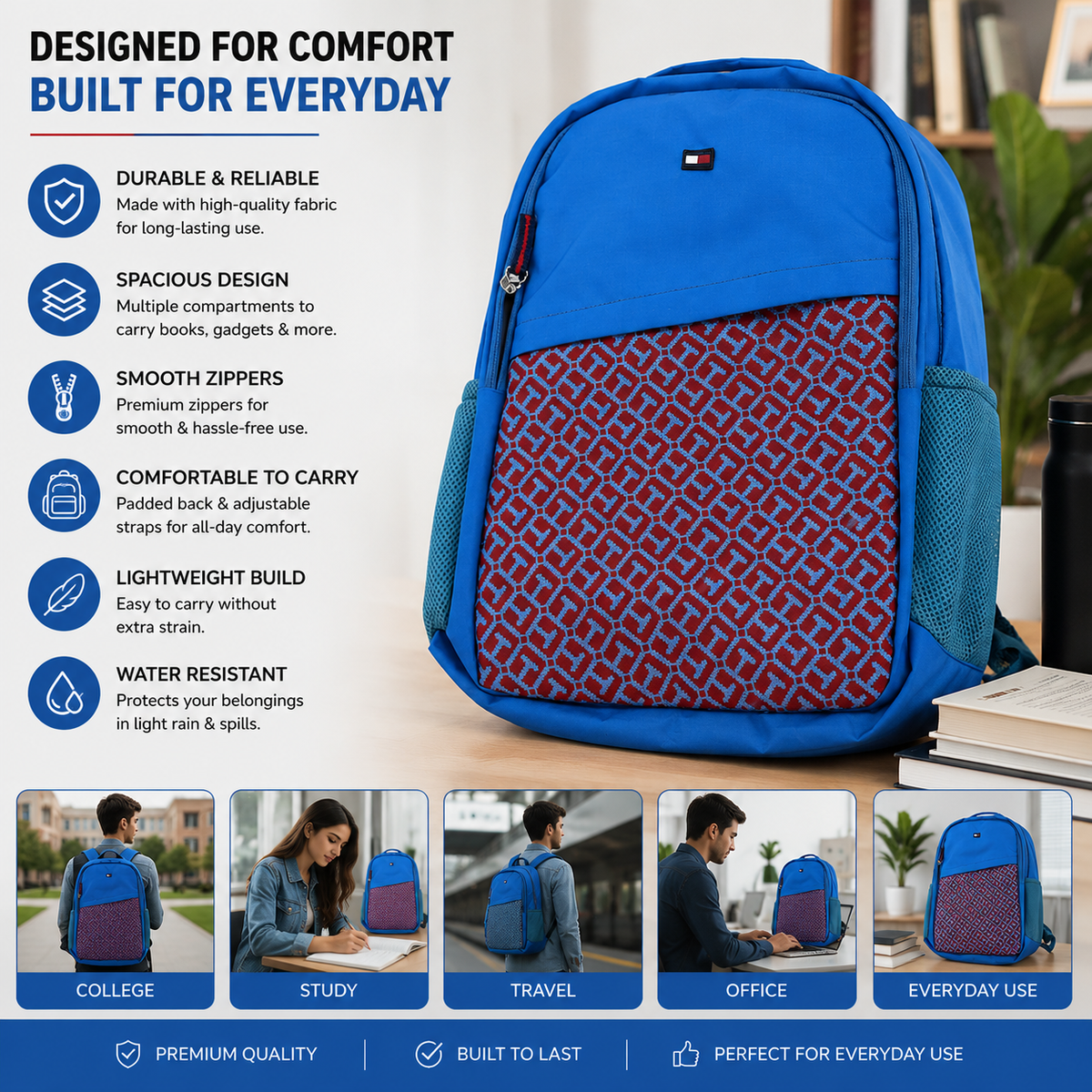 Tommy Hilfiger Backpack | Sky Blue | TH Monogram Pattern | School College Travel Bag