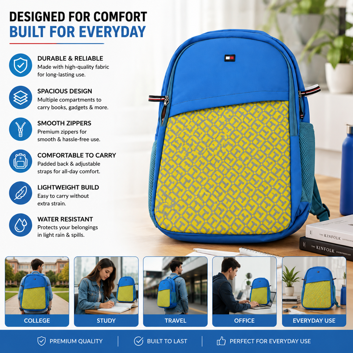 Tommy Hilfiger Backpack | Blue & Yellow TH Monogram | School College Travel Bag