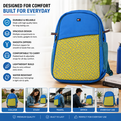 Tommy Hilfiger Backpack | Blue & Yellow TH Monogram | School College Travel Bag