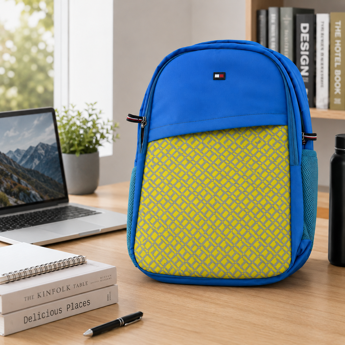 Tommy Hilfiger Backpack | Blue & Yellow TH Monogram | School College Travel Bag