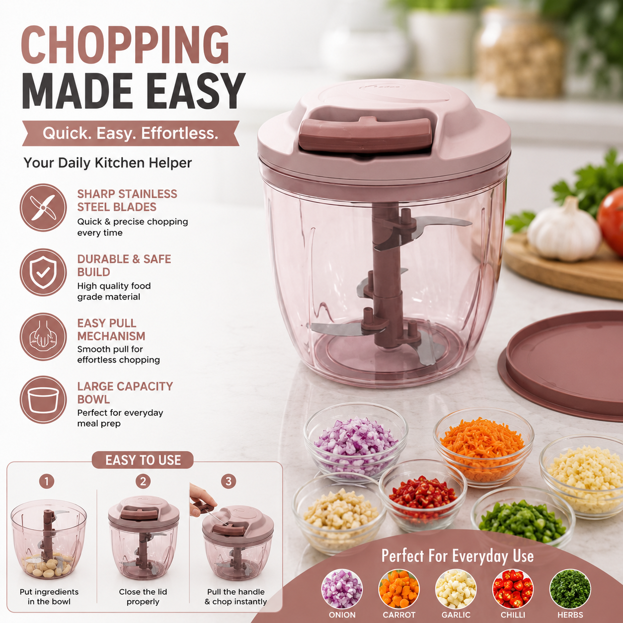 Apex Speed-X Veg Chopper 1000ml | Pink | 420 Stainless Steel Blade