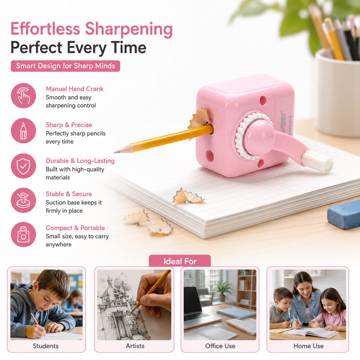 Pink Pencil Sharpener infographic - features and uses