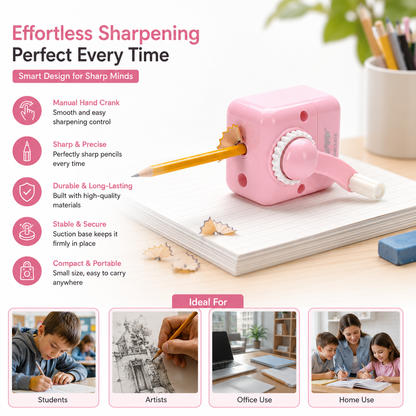 Pink Pencil Sharpener infographic - features and uses