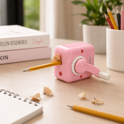 Pink Pencil Sharpener lifestyle desk setup with pencil shavings