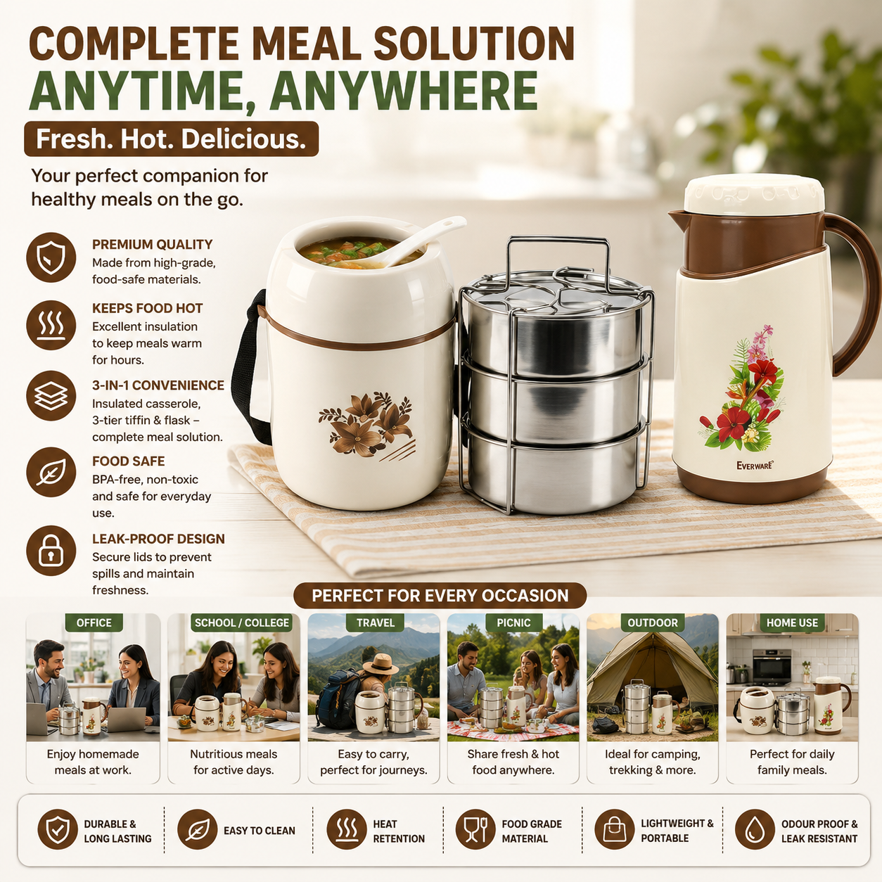 Everwel Thermal Flask & Lunch Carrier Combo Set | Floral Design | Food Safe | Rust Proof