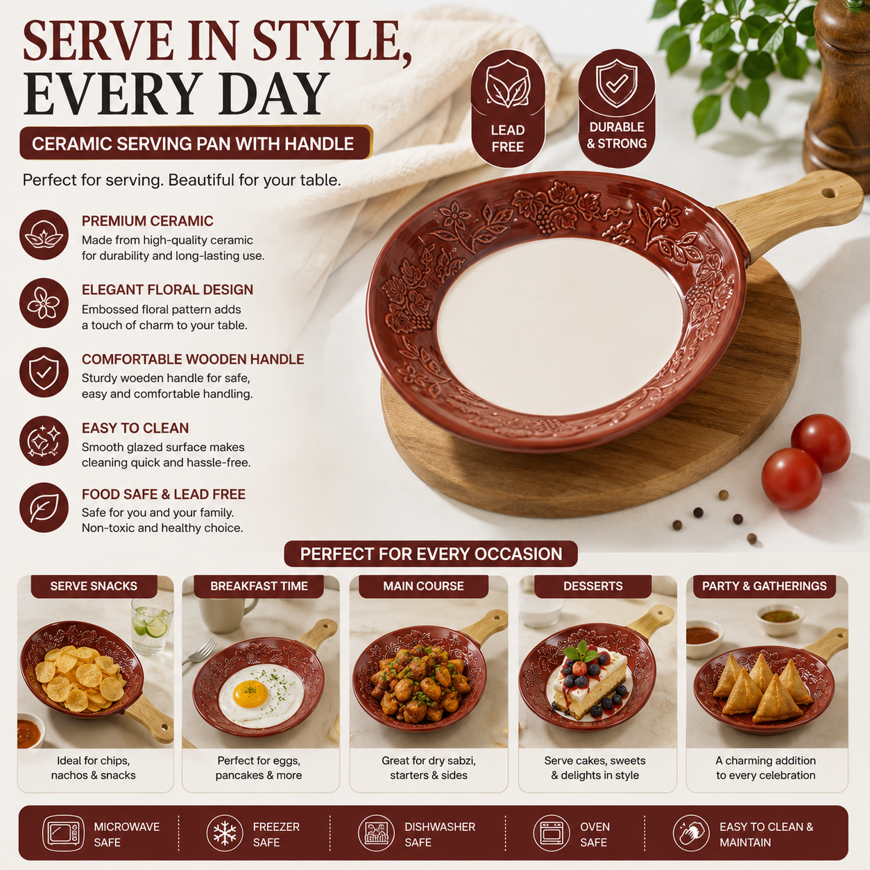 Fusion Ceramic Snack Dish | 1 Pc | Embossed Floral Design | Wooden Handle
