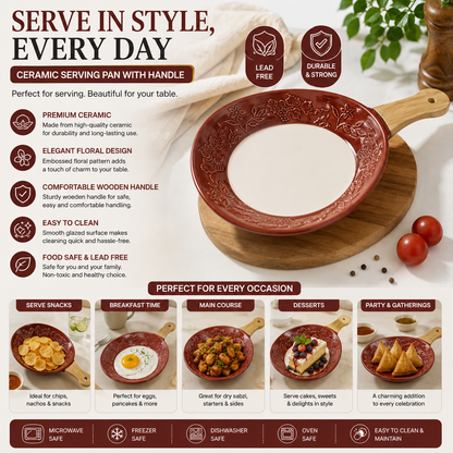 Fusion Ceramic Snack Dish | 1 Pc | Embossed Floral Design | Wooden Handle