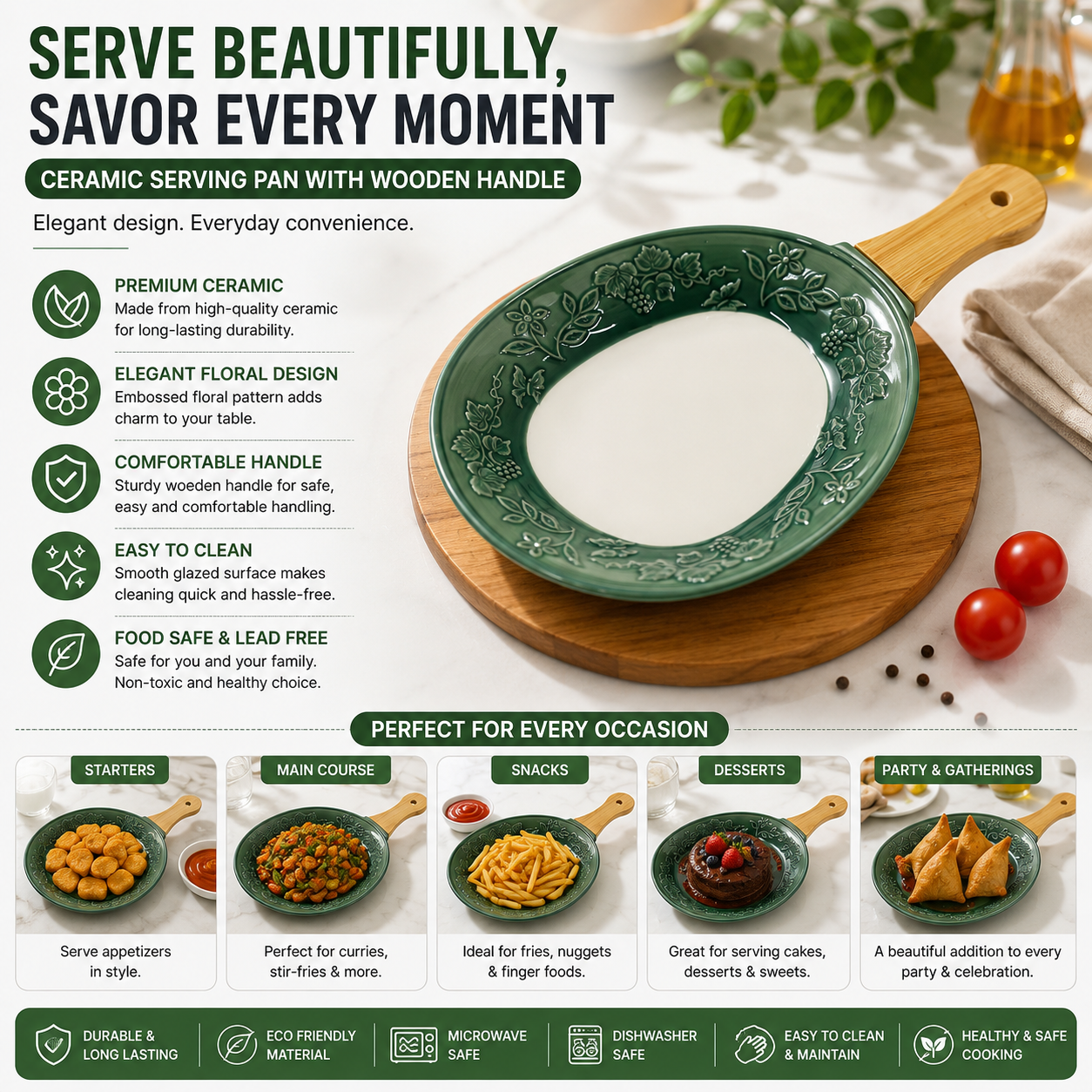 Fusion Ceramic Snack Dish | 1 Pc | Green | Embossed Floral Design | Wooden Handle