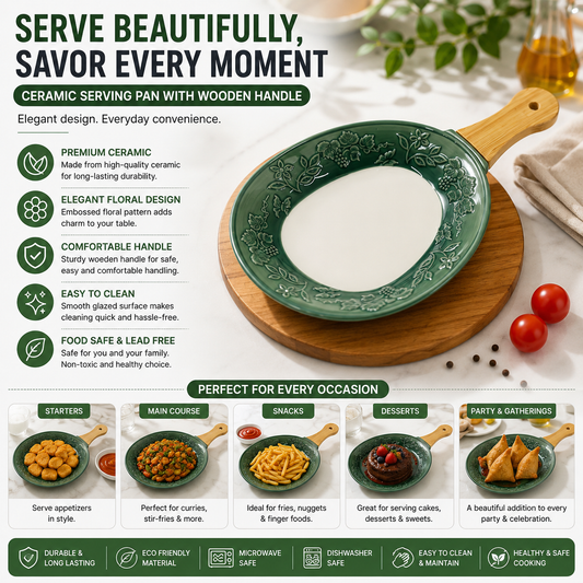 Fusion Ceramic Snack Dish | 1 Pc | Green | Embossed Floral Design | Wooden Handle