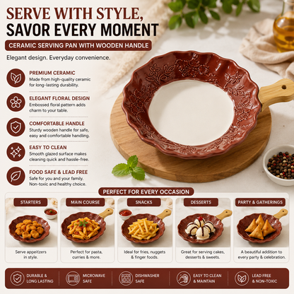 Fusion Ceramic Snack Dish | 1 Pc | Brown | Wavy Edge | Embossed Floral Design | Wooden Handle