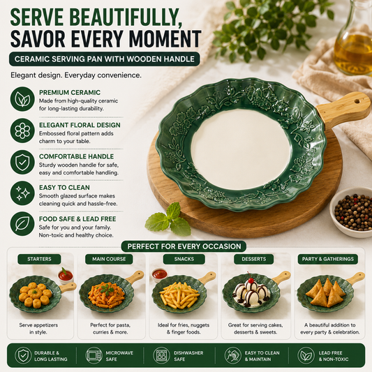 Fusion Ceramic Snack Dish | 1 Pc | Green | Wavy Edge | Embossed Floral Design | Wooden Handle