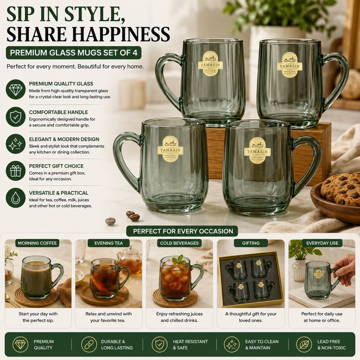Yamasin Premium Glass Mug Set | 4 Pcs | Japan Quality | Gold Edition Gift Box