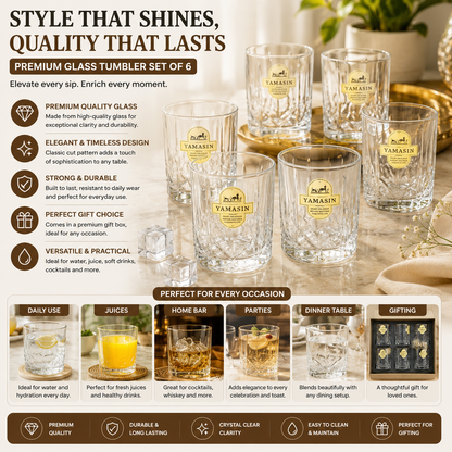 Yamasin Premium Whisky Glass Set | 6 Pcs | Diamond Cut Crystal | Japan Gold Edition | Gift Box