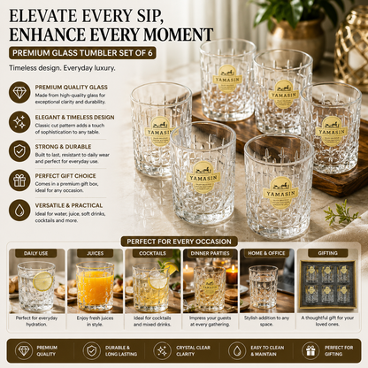 Yamasin Premium Whisky Glass Set | 6 Pcs | Diamond Cut Crystal | Japan Gold Edition | Gift Box