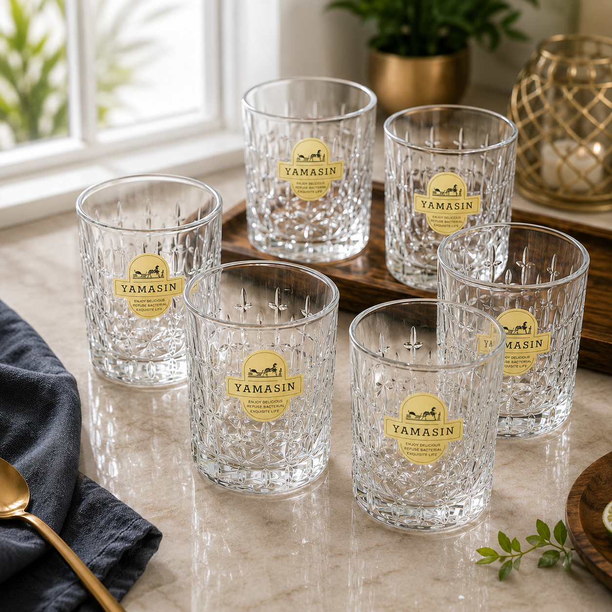 Yamasin Premium Whisky Glass Set | 6 Pcs | Diamond Cut Crystal | Japan Gold Edition | Gift Box