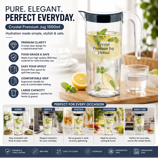 Apex Crystal Premium Jug | 1500ml | Unbreakable | Food Grade | Wide Mouth