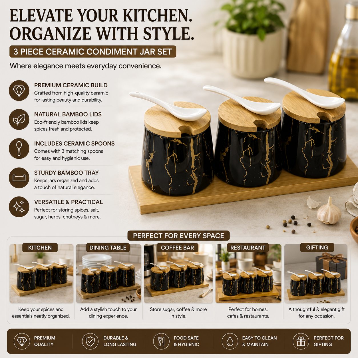 Yamasin 3-Piece Spice Set with Bamboo Tray | Black & Matt Gold Marble