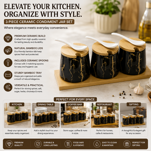 Yamasin 3-Piece Spice Set with Bamboo Tray | Black & Matt Gold Marble