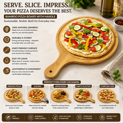 Round Bamboo Pizza Board with Handle | 10 Inch | Serving & Cutting Board