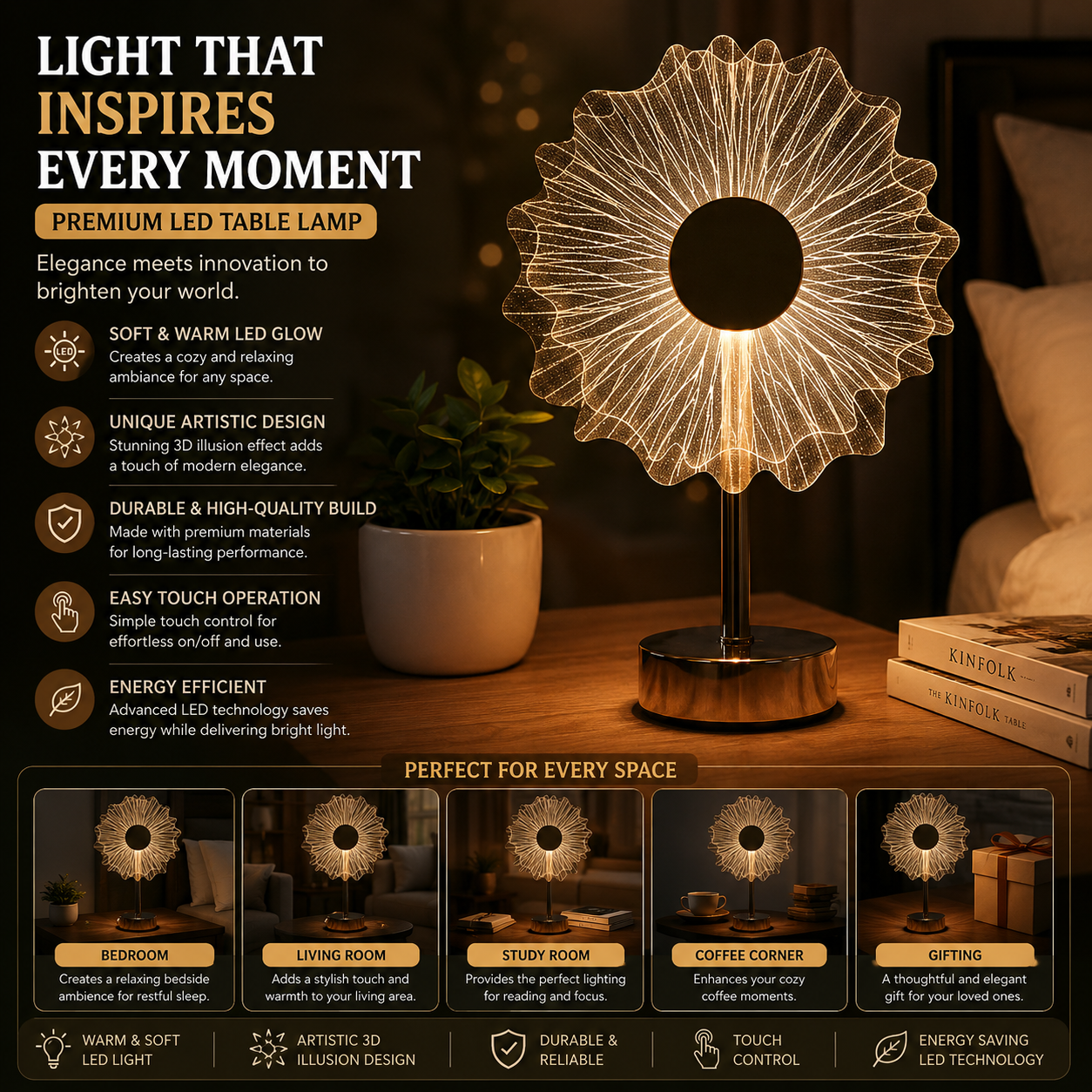 3D Acrylic Flower Scene Light Table Lamp | Gold Finish | LED Atmosphere Lamp