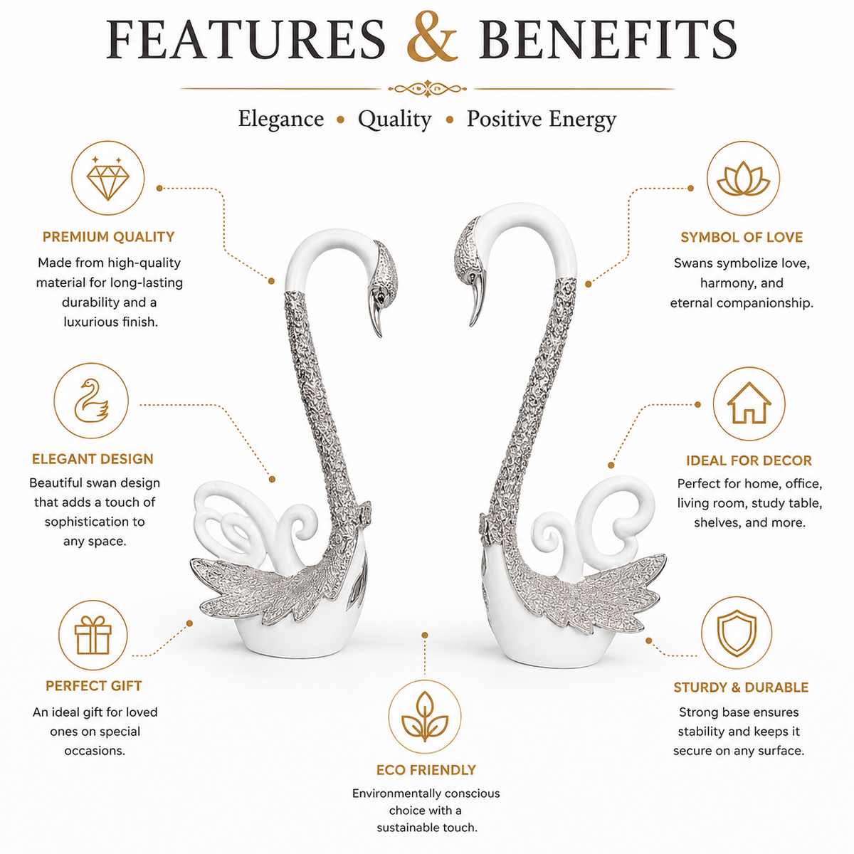 White and Silver Swan Pair Figurine - Luxury Home Decor Showpiece
