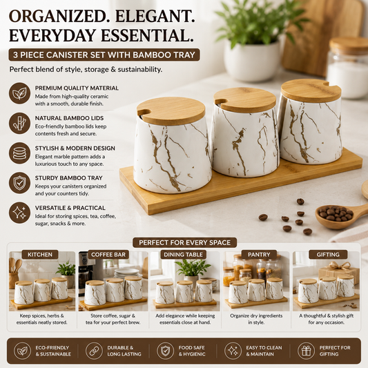 Yamasin 3-Piece Spice Set with Bamboo Tray | White & Matt Gold Marble