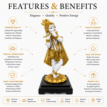 Gold & White Krishna Idol Playing Flute | Premium Home Decor & Gift