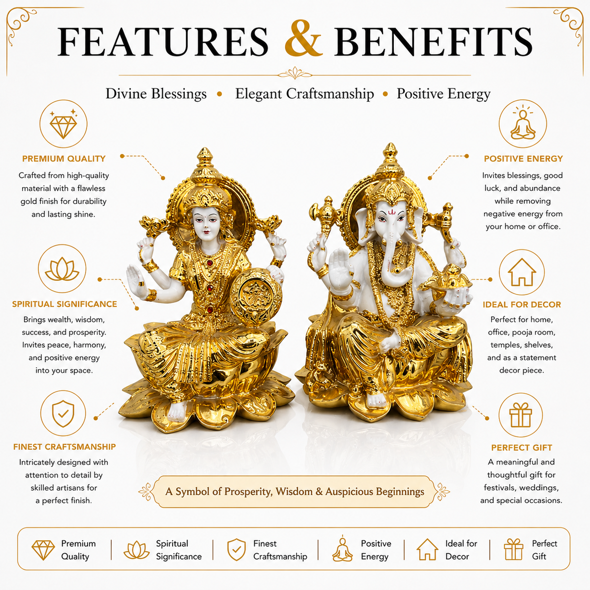 Gold & White Lakshmi Ganesha Idol Pair Set | Premium Home Decor & Diwali Gift