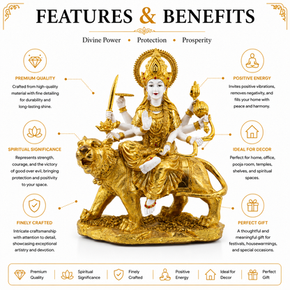 Gold & White Durga Mata Idol Seated on Lion | Premium Home Decor & Navratri Gift