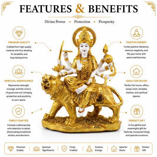 Gold & White Durga Mata Idol Seated on Lion | Premium Home Decor & Navratri Gift