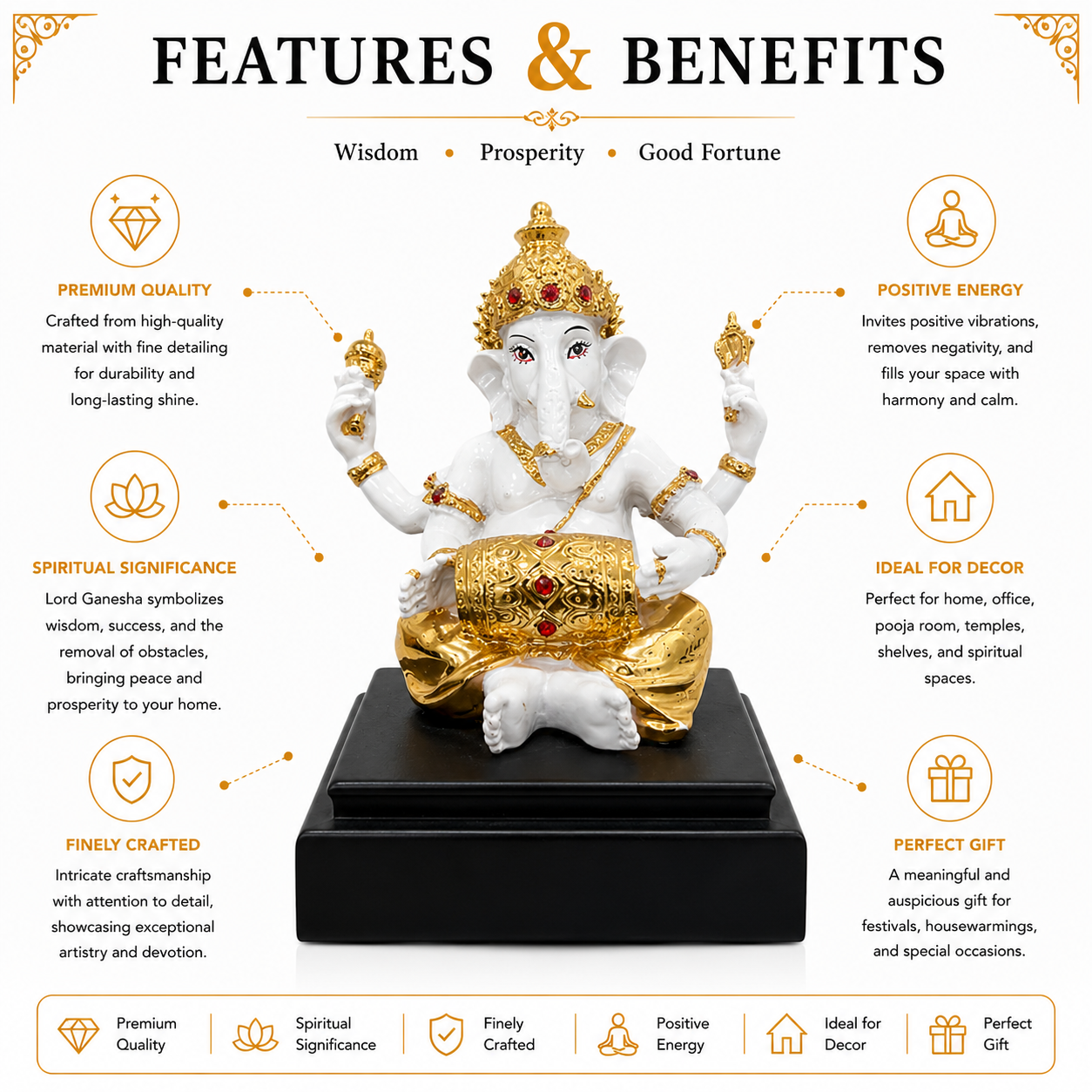Gold & White Ganesha Idol Seated | Premium Home Decor & Ganesh Chaturthi Gift