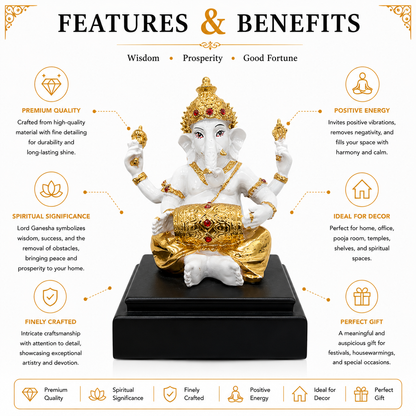 Gold & White Ganesha Idol Seated | Premium Home Decor & Ganesh Chaturthi Gift
