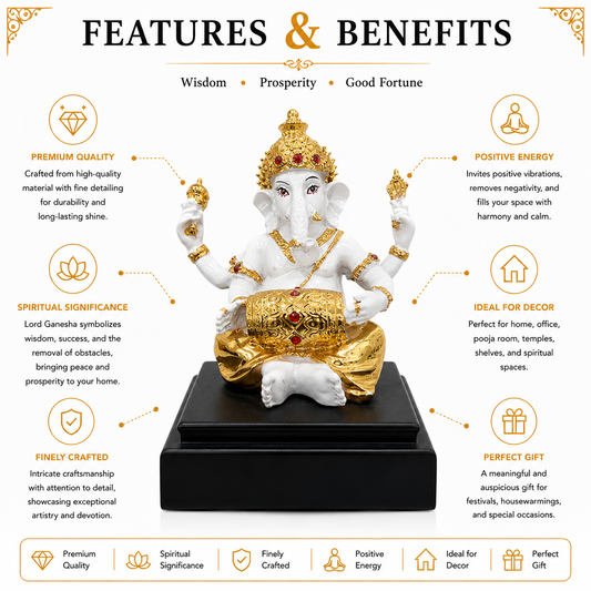 Gold & White Ganesha Idol Seated | Premium Home Decor & Ganesh Chaturthi Gift