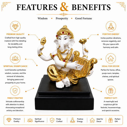 Gold & White Ganesha Idol Playing Veena | Premium Home Decor & Gift