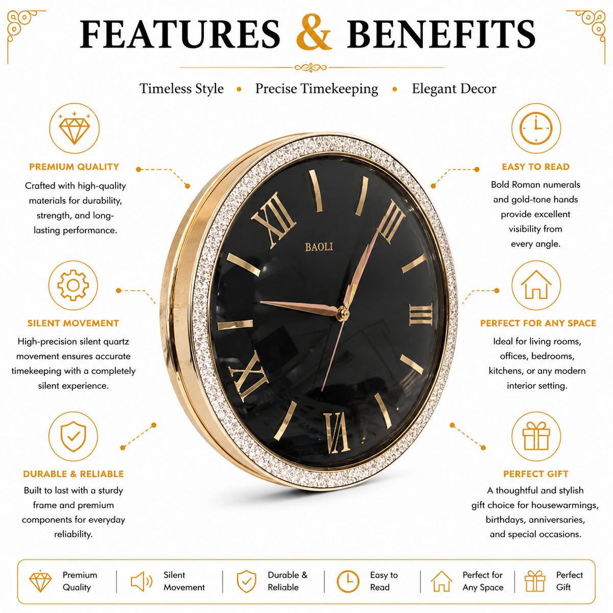 Baoli Oval Wall Clock | Black Dial | Gold Frame | Crystal Border | Roman Numerals