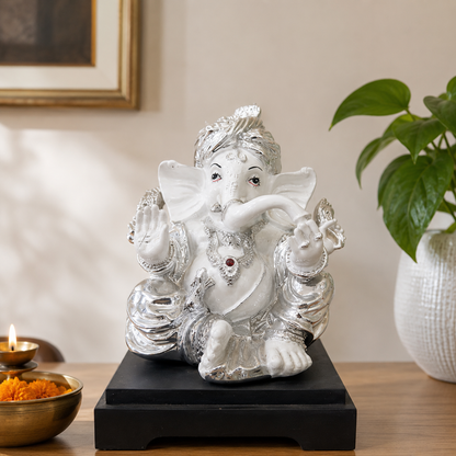 Silver Ganesha Idol with Black Wooden Base – Premium Home Decor & Gift