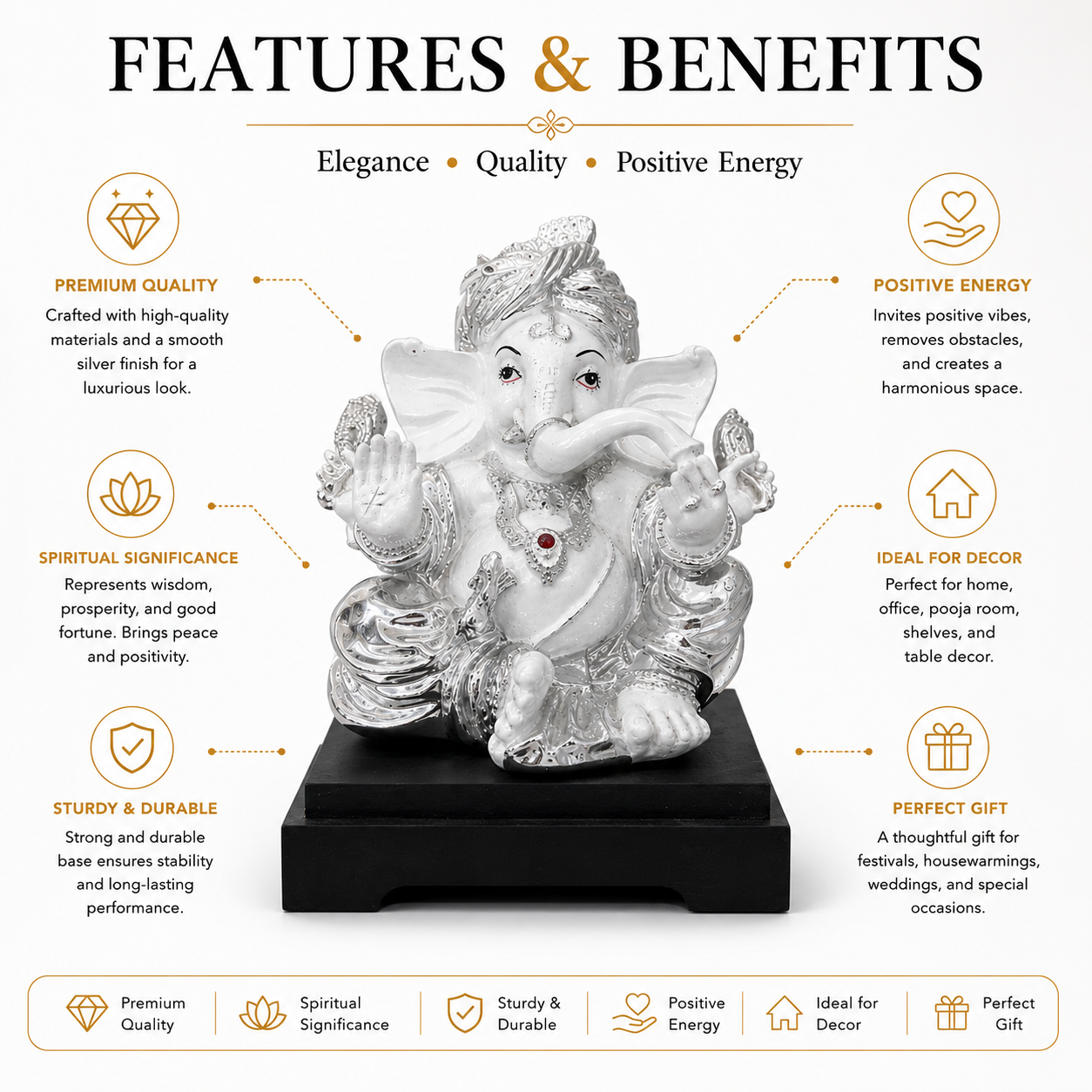 Silver Ganesha Idol with Black Wooden Base – Premium Home Decor & Gift